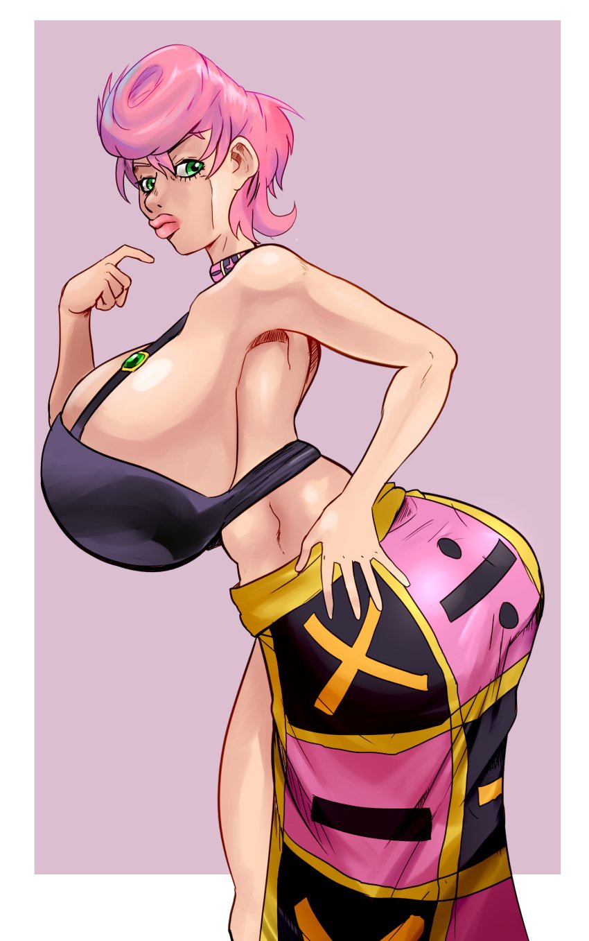 1girls alternate_ass_size alternate_breast_size ass big_ass big_breasts breasts commission female female_only green_eyes huge_ass huge_breasts human jojo's_bizarre_adventure large_ass large_breasts lemonfont light-skinned_female light_skin lips lipstick pink_background pink_hair short_hair shounen_jump side_view sideboob simple_background skirt solo solo_female thick_thighs thighs trish_una vento_aureo voluptuous wide_hips