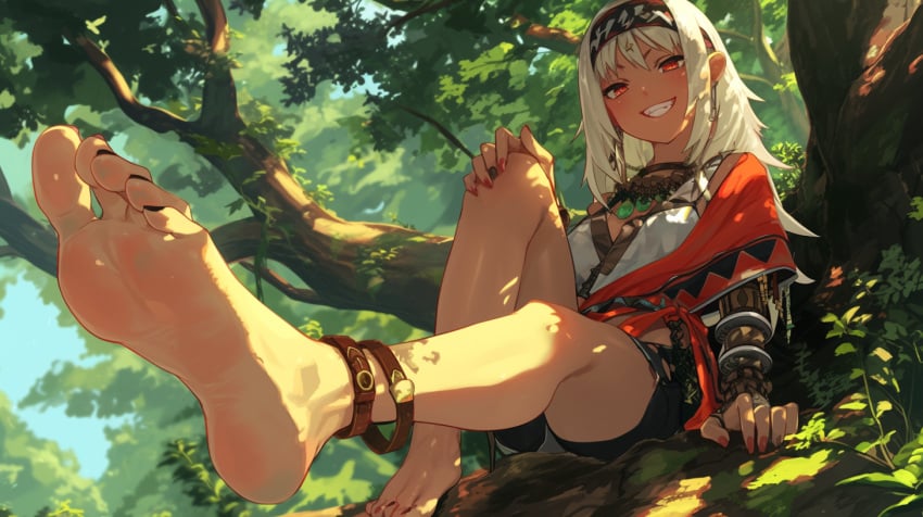 ai_generated barefoot black_toenails colored_nails feet foot_fetish foot_focus leg_up orange_eyes original_character red_clothing sharp_nails sharp_toenails smile soles tan_body toes tribal visiuun white_hair