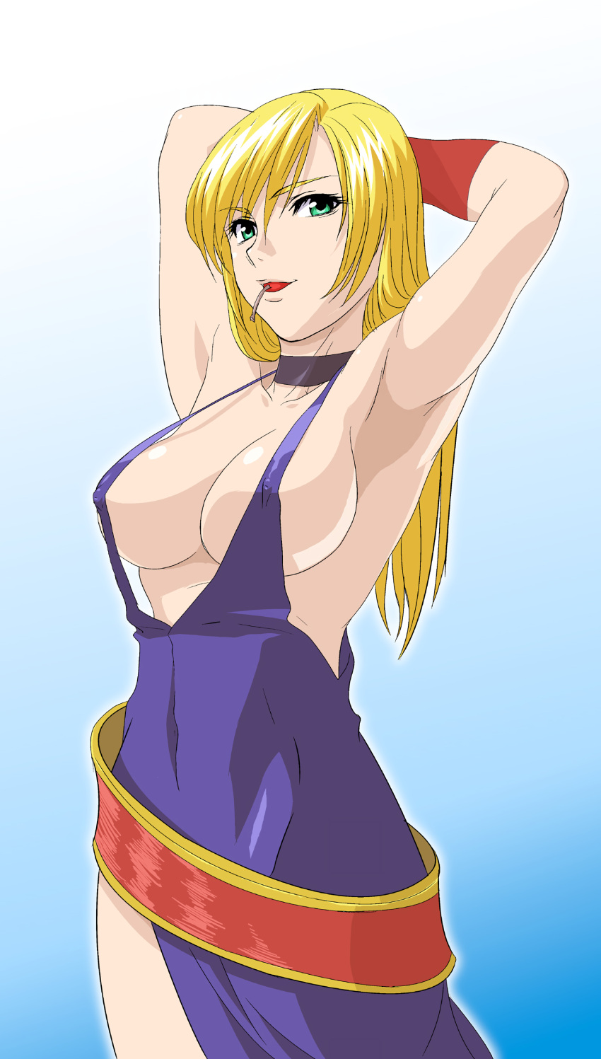 1girls armpits arms_behind_head arms_up bare_shoulders belt big_breasts blonde_hair blush bonne_jenet bracelet breasts busty cherry choker cleavage confident covered_erect_nipples covered_navel dress fatal_fury female female_only fingerless_gloves food fruit g-tetsu garou:_mark_of_the_wolves gloves green_eyes hi_res jewelry king_of_fighters large_breasts lips long_hair mauve mouth_hold no_bra panties pirate pose posing seductive seductive_smile sensual sexy_armpits sideboob smile snk solo