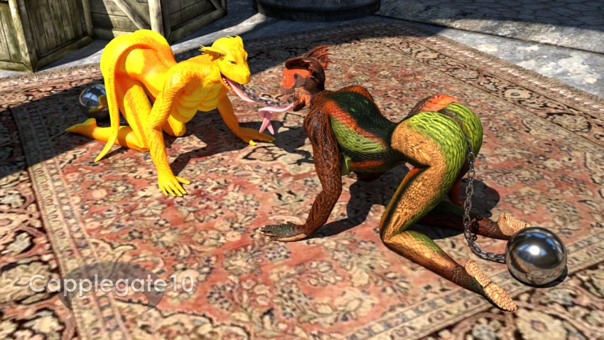 2girls 3d all_fours all_the_way_through anthro argonian ball_and_chain bedroom_eyes capplegate10 chains duo eye_contact female lizard long_tongue nude oblivion open_mouth outside scalie smile the_elder_scrolls tongue tongue_out what yuri