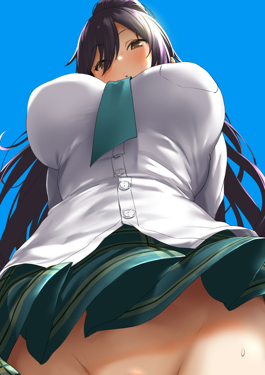 1girls :o absurdres arms_behind_back bangs bare_arms bare_shoulders bikini black_hair blue_background blue_sky blush bottomless breasts breasts_apart brown_eyes close-up cowboy_shot day eyebrows_visible_through_hair fanbox_reward female female_only female_solo foreshortening from_below green_neckwear green_skirt groin hair_between_eyes hair_over_one_eye half-closed_eyes high_ponytail high_resolution highres hip_focus hips idolmaster idolmaster_shiny_colors impossible_clothes impossible_shirt large_breasts lips long_hair looking_at_viewer looking_down miniskirt necktie nopan open_mouth paid_reward pija_(pianiishimo) plaid plaid_skirt ponytail pov puckered_lips purple_hair school_uniform shirase_sakuya shirt skirt sky solo solo_female stomach strap_gap sweat swimsuit tied_hair underboob uniform very_long_hair viewed_from_below waist white_shirt yellow_eyes