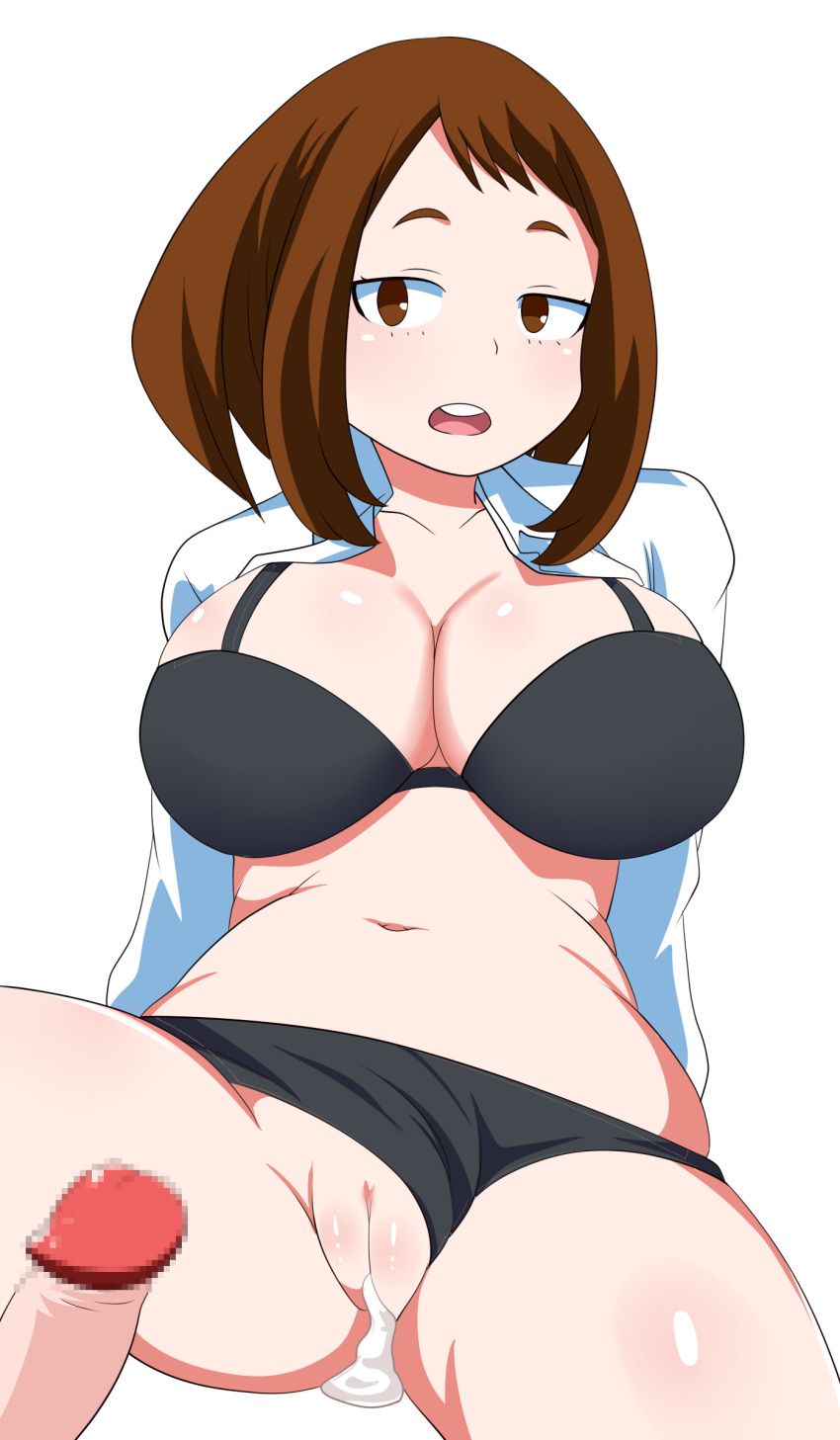 after_sex big_breasts bra brown_hair chelsea_cola cum cum_in_pussy cum_inside female innie_pussy male mcdolkun my_hero_academia ochako_uraraka panties panties_aside penis pussy short_hair straight