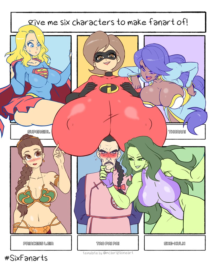 1boy 5girls 6fanarts big_breasts bikini blonde_hair blue_eyes blush brown_hair brown_skin bust busty cleavage clothed clothing costume crossover curvaceous curves curvy curvy_figure dark-skinned_female dark_skin dc dc_comics disney dragon_ball dragon_ball_(classic) eastern_and_western_character elastigirl english fanart giant_breasts gigantic_breasts green-skinned_female green_hair green_skin helen_parr hourglass_figure huge_breasts hulk_(series) indivisible kara_zor-el leotard light-skinned_female light_skin lips lipstick long_hair lucasfilm marvel marvel_comics meme muscular_female nipple_bulge outfit pixar pokies ponytail princess_leia_organa purple_hair red_lips red_lipstick seductive seductive_look seductive_smile she-hulk six_fanarts_challenge sixfanartchallenge skirt slave_bikini slave_leia smooth_skin star_wars supergirl superhero superheroine superman_(series) tao_pai_pai teasing text the_incredibles thick_thighs thighs thorani villain voluptuous witchking00