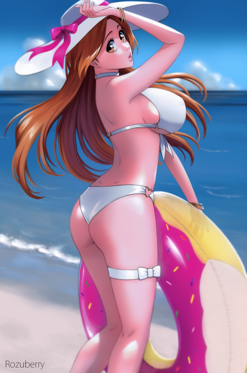 1girls ass beach big_breasts bikini bleach blush bracelets breasts clouds female female_only floater hat holding_object huge_breasts inoue_orihime long_hair looking_at_viewer ocean one_arm_up orange_hair posing rozuberry sand sideboob sky solo thigh_strap water