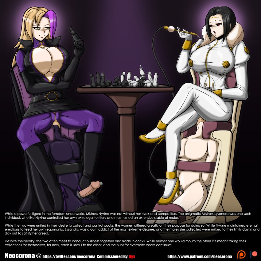 2boys 2girls black_hair blonde_hair bodysuit cum_milking english_text facesitting facesitting_custom_seat female femdom femdom_caption latex male malesub neocorona nyxine penis_milking purple_hair red_eyes tagme text yellow_eyes