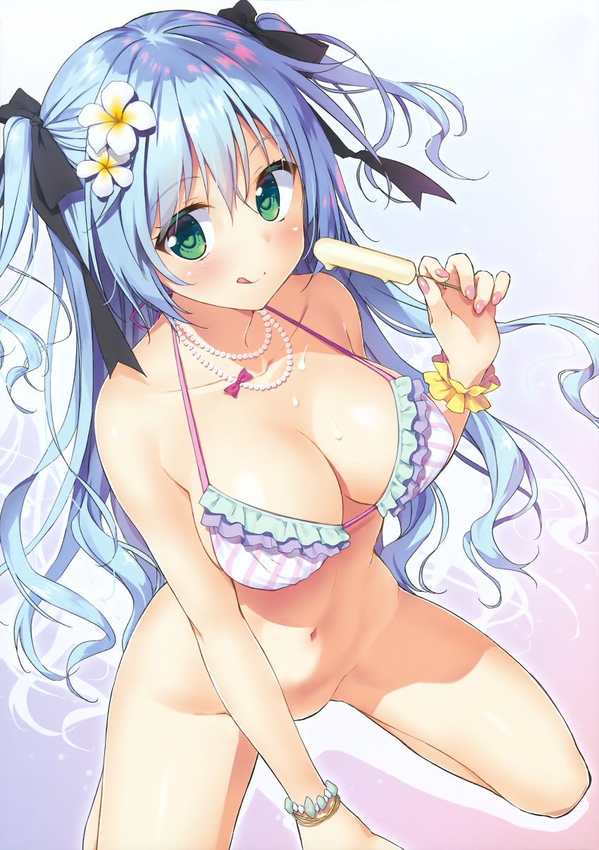 bikini_top bottomless cream drop flower green_eyes high_resolution ice_cream jewelry long_hair looking_at_viewer ryohka smile swimsuit tagme tongue tongue_out