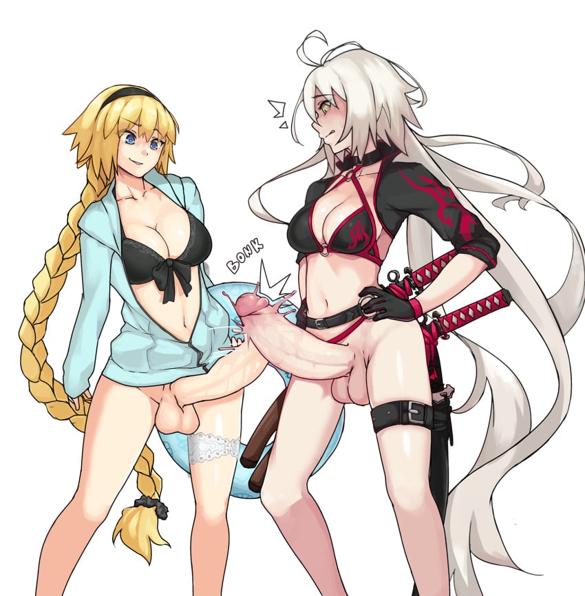 2futas balls big_breasts big_penis bikini blonde_hair bottomless bra breasts clothed clothing erection fate_(series) frottage futa_on_futa futanari human human_only jacket jeanne_alter_(swimsuit_berserker) jeanne_d'arc_(fate) jeanne_d'arc_(swimsuit_archer) onomatopoeia pale_skin partially_clothed penis penises_touching selfcest simple_background surprised text todding white_hair