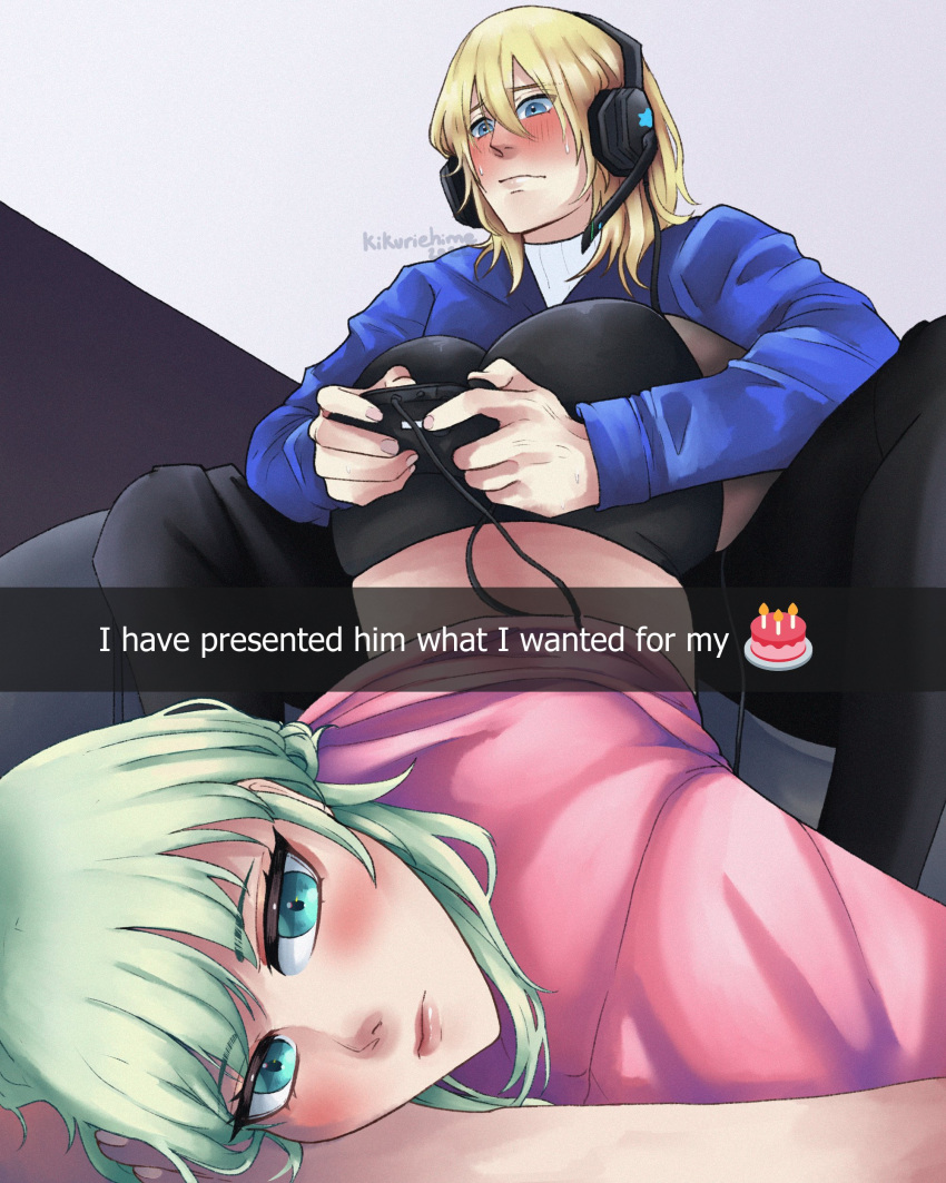 1boy 1girls ass big_ass blonde_hair blue_eyes blush byleth_(fire_emblem) byleth_(fire_emblem)_(female) dimitri_alexandre_blaiddyd english_text female fire_emblem fire_emblem:_three_houses fully_clothed game_controller gaming green_hair headphones imminent_sex kikuriehime kinkuri male megan_thee_stallion_redraw_meme selfie shorts sitting sweat text