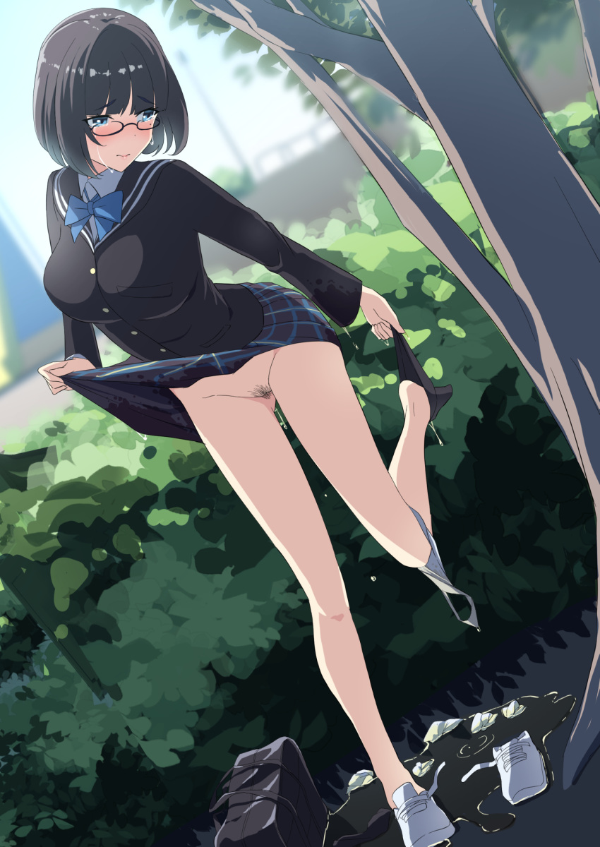 female female_focus female_only megane outdoor_pee outdoors outside pantsu panty_pull peeing peeing_on_ground peeing_self pubic_hair pussy sakamata_(sakamata4) seifuku skirt_lift solo solo_female solo_focus standing standing_pee undressing urination urine urine_pool wet