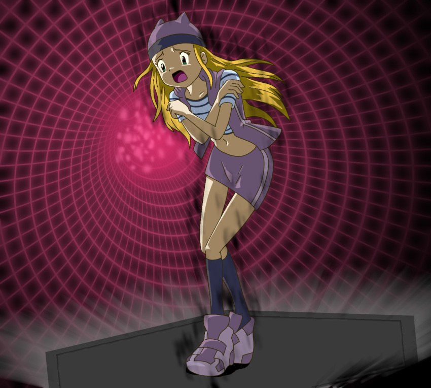 bandai_namco blonde_hair clothed clothing corruption digimon digimon_(species) digimon_frontier dress green_eyes hat hresmon izumi_orimoto long_hair mankor shirt shoes socks zoe_orimoto