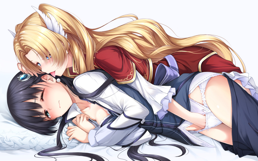 2girls alfin_reise_arnor eiyuu_densetsu elise_schwarzer fingering hakuleg hand_in_panties multiple_girls sen_no_kiseki tears tongue tongue_in_ear tongue_out waifu2x yuri