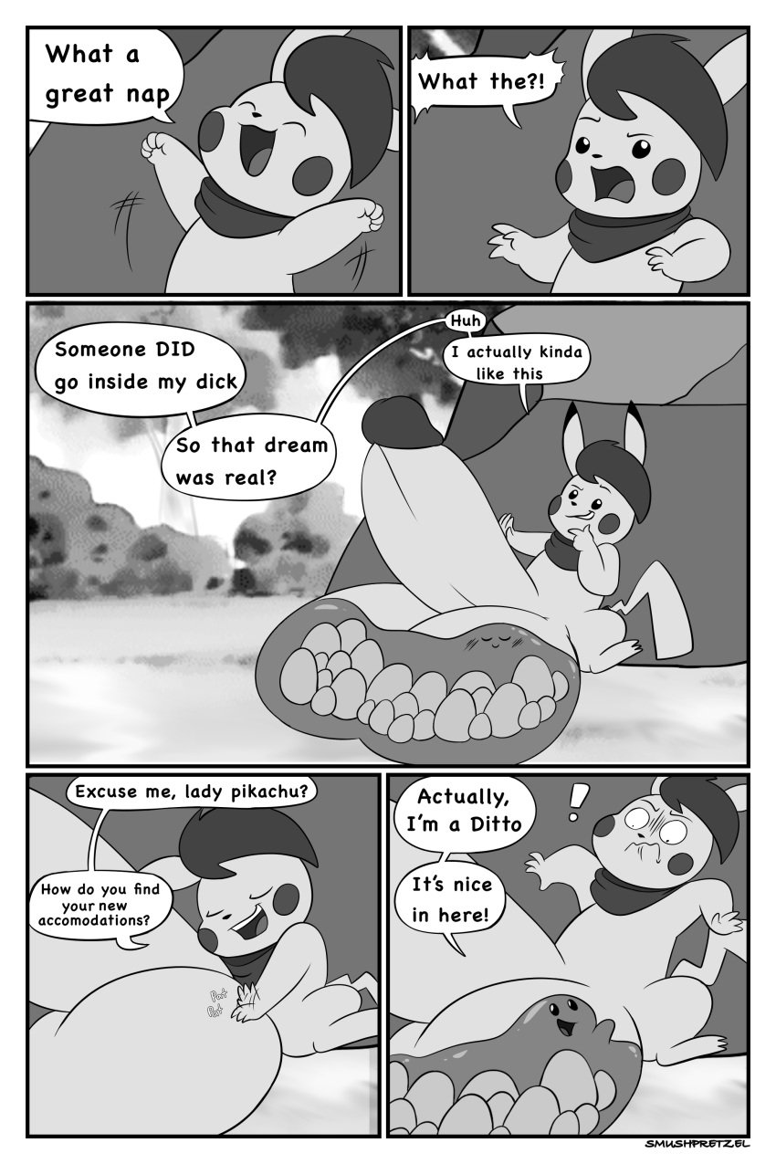 ! 1boy 2:3 absurd_res ambiguous_gender anthro anthrofied big_penis big_testicles ditto duo egg english_text furry hi_res huge_cock humanoid_genitalia humanoid_penis hyper hyper_genitalia hyper_penis hyper_testicles interspecies male monochrome nintendo original_character penis pikachu pokémon_(species) pokemon pokemon_(species) pokemon_rgby smushpretzel testicles text video_games vore