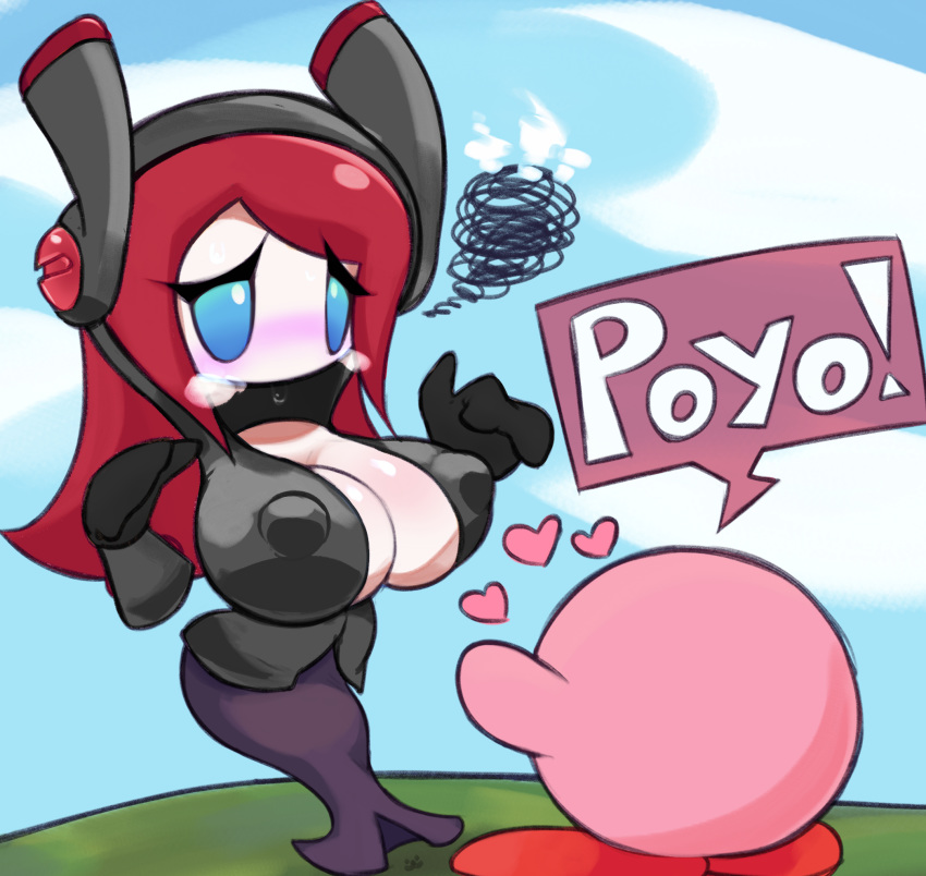 anthro big_breasts black_dress blue_eyes blush cleavage clothing cute dialogue edit embarrassed headgear heart kirby kirby_(series) kirby_planet_robobot mouthless mouthless_female nintendo parallel_susie pink_body red_hair speech_bubble superwagon64 susanna_patrya_haltmann susie_(kirby) tagme team_kirby_clash_deluxe text