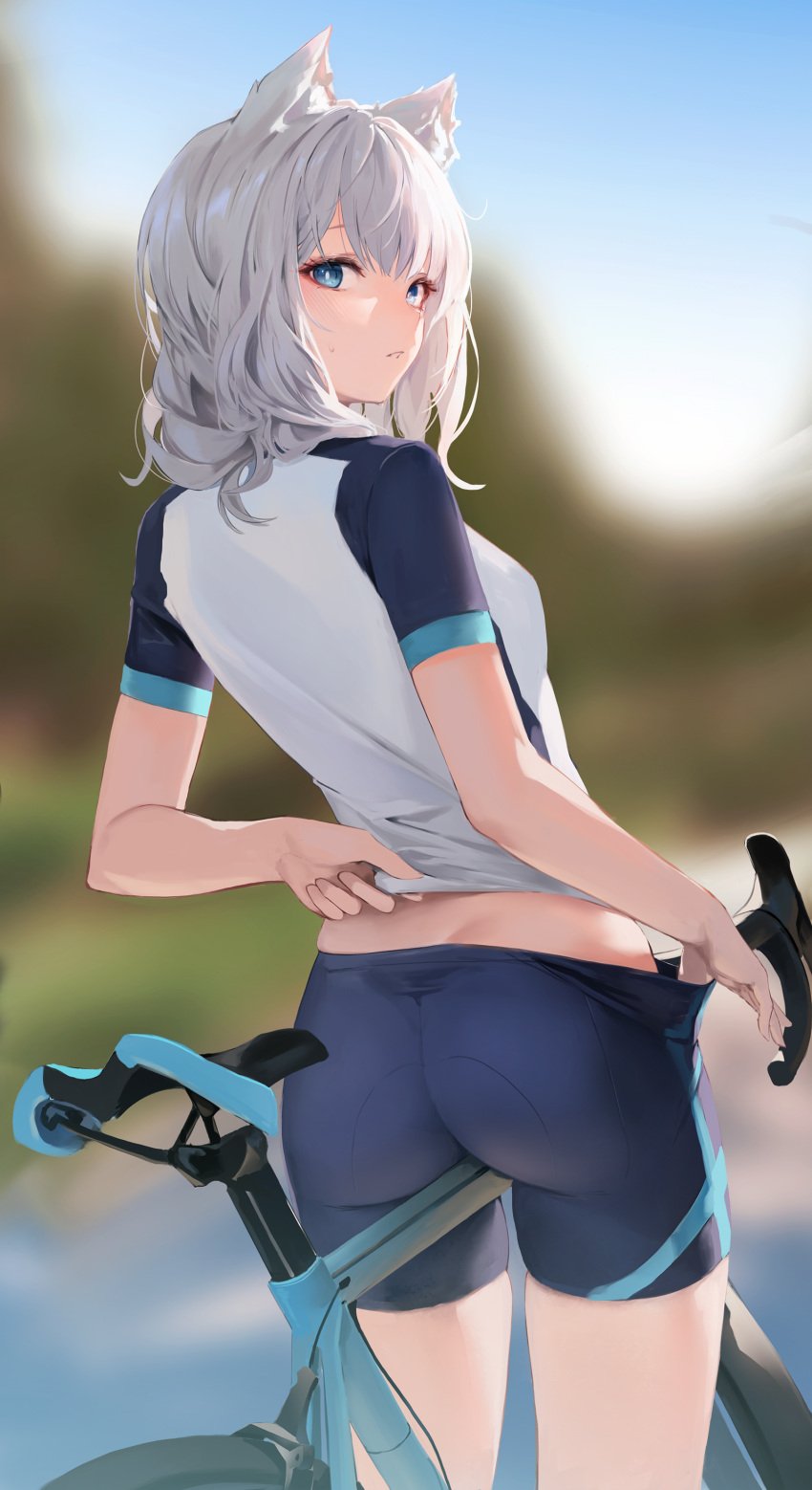 1girls abydos_high_school_student adjusting_clothes animal_ears ass bicycle blue_archive blue_eyes blush cycling cycling_uniform eyelashes female female_only foreclosure_task_force_(blue_archive) highres hiki_niito hiki_nito light-skinned_female looking_at_viewer looking_back medium_hair outdoors outside shiroko_(blue_archive) shiroko_(cycling)_(blue_archive) shorts solo sports_uniform sportswear standing sweatdrop t-shirt thighs tight_clothing uniform white_hair