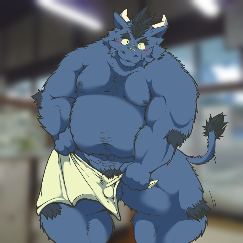 1:1 1boy 2014 anthro balls bara belly blue_body blue_fur blush bulge closed_eyes dragon fur genitals hi_res humanoid_hands kemono male male_only moobs nipples overweight overweight_male solo solo_male suishou0602 towel