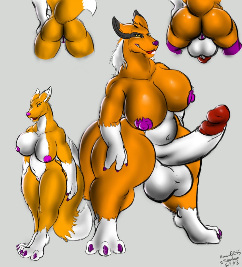 anthro balls bess-dgm(r) bess_project big_balls big_breasts bigshow breasts digimon digimon_(species) female furry genitals herm hi_res hyper intersex pillarbox rear_view renamon transformation