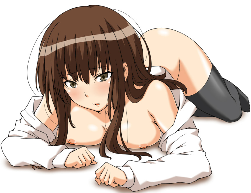 1girls amagami bare_shoulders black_legwear black_thighhighs blush bottomless breast_press breasts brown_hair female kamizaki_risa long_hair lying naked_shirt nipples no_bra open_clothes open_mouth open_shirt pointy_chin shirt shouji_nigou solo thighhighs top-down_bottom-up