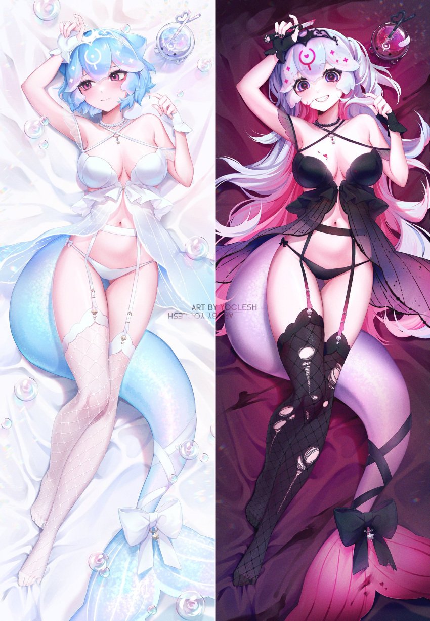 2girls arm_up artist_name babydoll bangs bao_(vtuber) black_panties blue_hair blush bow breasts dakimakura_(medium) female female_only fish_tail fishnets full_body garter_belt garter_straps gloves grin large_breasts lingerie long_hair looking_at_viewer lying medium_breasts multicolored_hair multiple_girls navel on_back panties pink_eyes pink_hair purple_eyes short_hair smile tail thighhighs torn_clothes torn_thighhighs underwear virtual_youtuber white_bow white_hair white_panties yoclesh