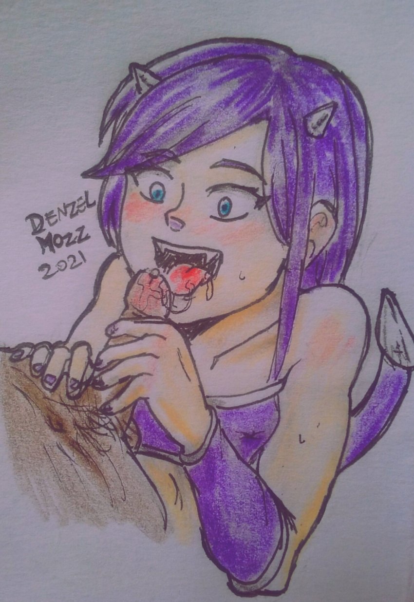 1girl 1girls amateur_artist blush clothed clothed_sex demon_girl demon_horns demon_tail denzelmozz dripping_precum dripping_saliva ears easy_demon female geometry_dash happy horn licking_penis nails_painted penis_grab penis_lick purple_hair purple_nails sharp_teeth size_difference smile tail traditional_media_(artwork)