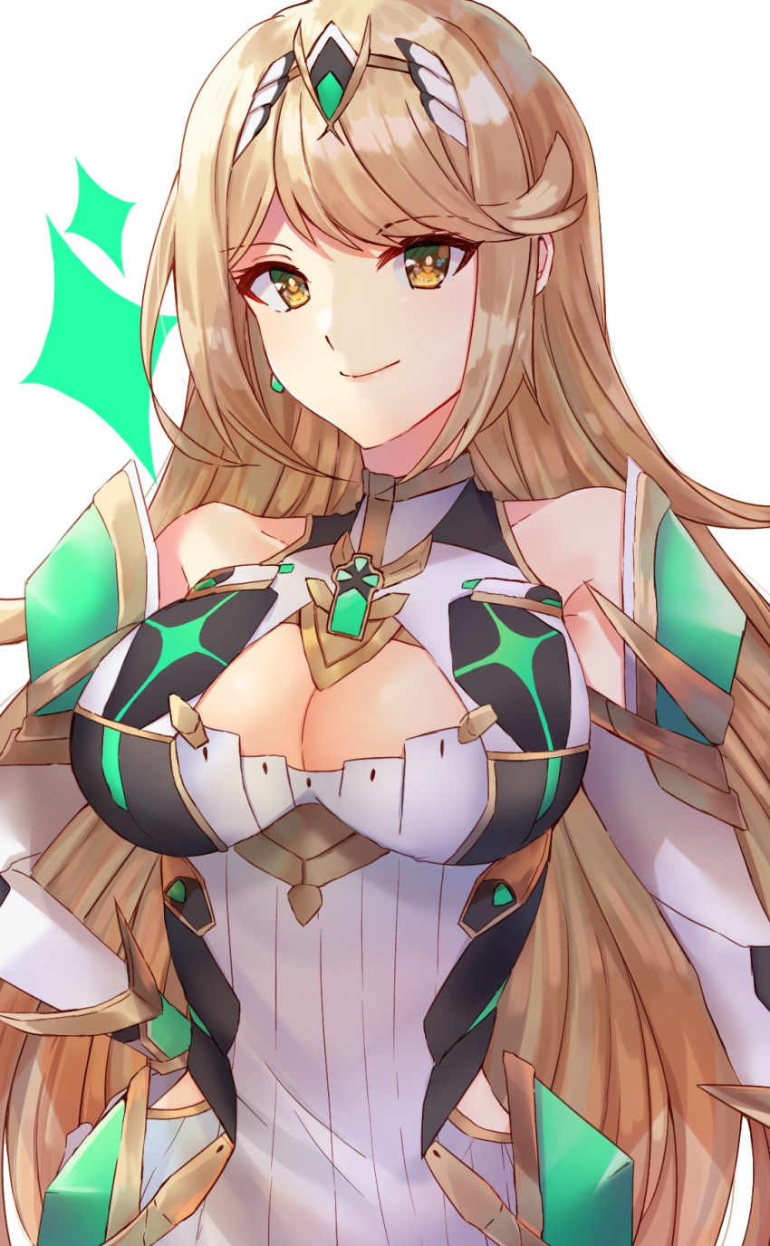 1girls bare_shoulders blonde_hair brown_eyes cleavage cleavage_cutout closed_mouth clothing_cutout collarbone core_crystal covered_collarbone dress edamameoka elbow_gloves gloves hand_on_own_hip headpiece high_res long_hair looking_at_viewer medium_breasts mythra nintendo simple_background smile sparkle upper_body very_long_hair white_background white_dress white_gloves xenoblade_(series) xenoblade_chronicles_2