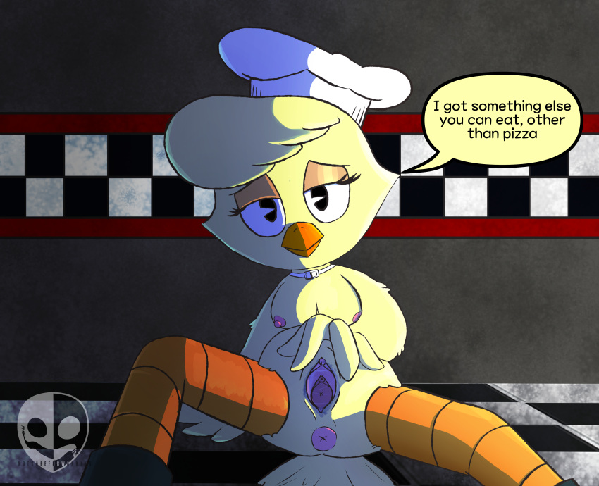 absurd_res animatronic anthro ass avian beak bird blush bodily_fluids breasts chica_(fazbear_&_friends) chica_(fnaf) chicken clitoris digital_media_(artwork) english_text fazbear_&_friends feathers female five_nights_at_freddy's galliform gallus_(genus) genital_fluids genitals hi_res lagomorph leporid looking_at_viewer machine mammal nipples notsafeforwanking nude phasianid pussy robot scottgames solo spread_legs spread_pussy spreading text vaginal_fluids wings