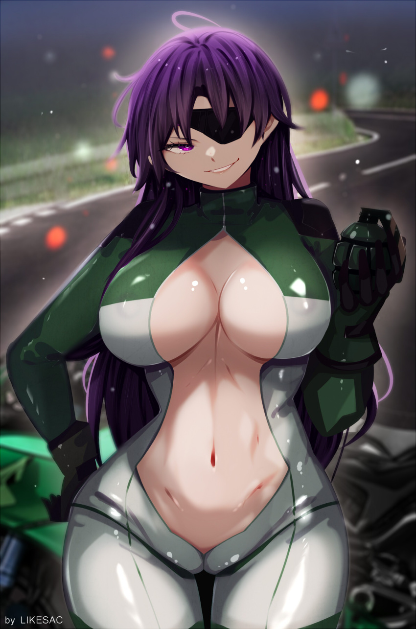 big_breasts breasts cleavage eyepatch likesac mirai_nikki purple_eyes purple_hair smile teeth uryuu_minene