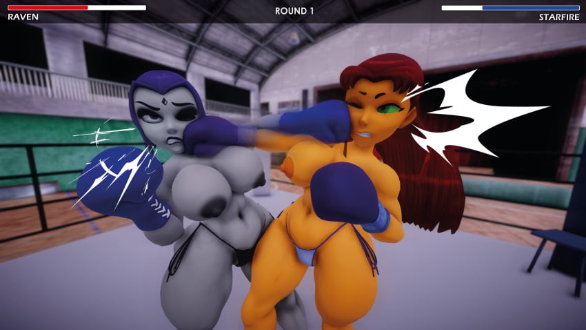 2girls 3d 3d_(artwork) big_breasts boxing boxing_gloves boxing_ring breasts catfight cheek_punch cross_counter dc_comics female_focus female_only fight fighting health_bar large_breasts long_hair one_eye_closed punch punching punching_face purple_hair raven_(dc) red_hair ryona short_hair starfire teen_titans thick thick_thighs thighs topless topless_boxing topless_male ultimabox vs wide_hips