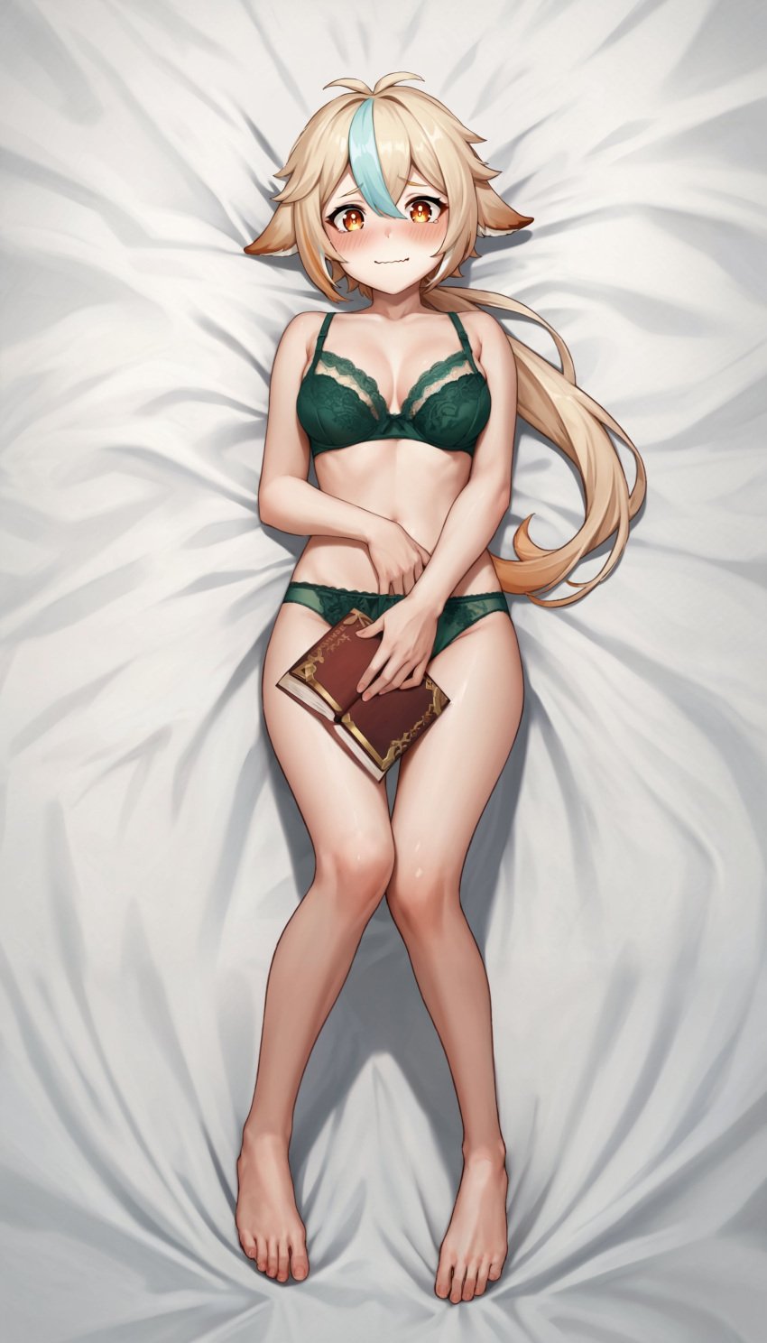 ai_generated aimoonshine alternate_version_available animal_ears barefoot blue_hair blush covering_crotch dakimakura dakimakura_design embarrassed full_body genshin_impact green_bra green_hair green_panties hair_flaps holding_book lace_trim lingerie looking_at_viewer lying medium_breasts on_back on_bed orange_eyes ponytail smile streaked_hair sucrose_(genshin_impact) underwear_only wavy_mouth