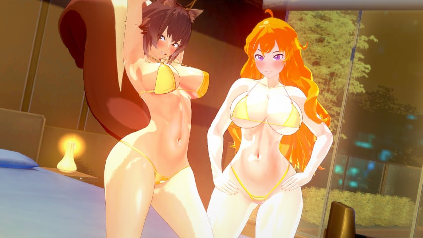 2girls 3d armpits arms_behind_head big_breasts bikini bikini_bottom bikini_top blazblue blazblue:_cross_tag_battle blonde_female blonde_hair brown_hair brown_hair_female busty cleavage confident crossover hands_on_ass large_breasts legs looking_at_viewer makoto_nanaya nakadashi_(artist) navel pose posing purple_eyes rwby seductive seductive_look seductive_smile smile squirrel_ears squirrel_girl squirrel_tail thick_thighs thighs thong_bikini toned yang_xiao_long