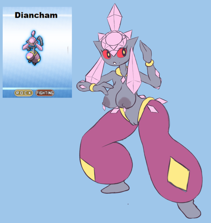 2019 areola big_breasts blue_background breasts diancham diancie digital_media_(artwork) elfdrago english_text female fighting_pose fusion gem generation_3_pokemon generation_6_pokemon grey_areola grey_body hi_res humanoid hybrid_pokemon jewelry legendary_pokemon medicham metachoke necklace nintendo nipple_piercing nipples piercing pixel_(artwork) pokemon pokemon_(species) pokemon_fusion pose red_sclera simple_background text