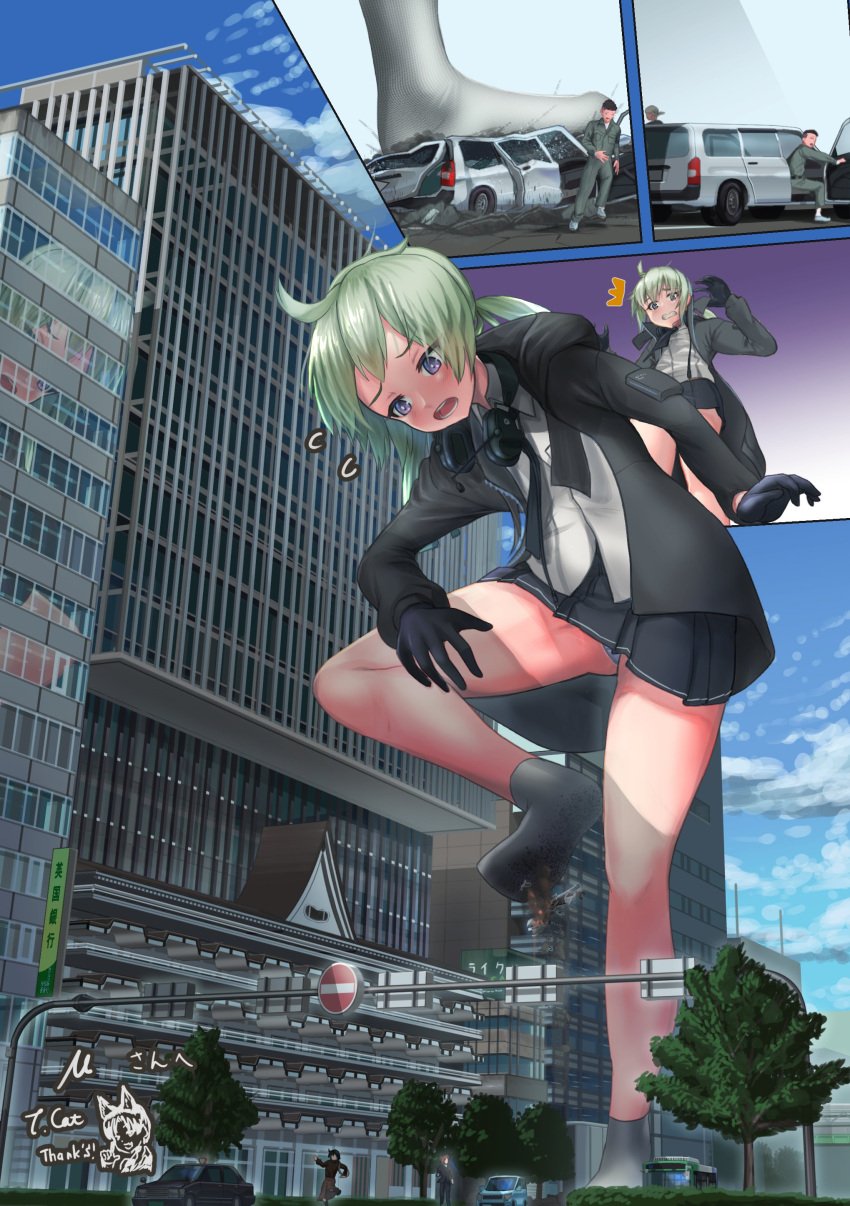 1girls bigsis_iyashi city comic commission destruction giantess girls'_frontline green_hair headphones_around_neck m200_(girls_frontline) macro panties pantyshot purple_eyes short_hair signature skeb_commission skirt socks