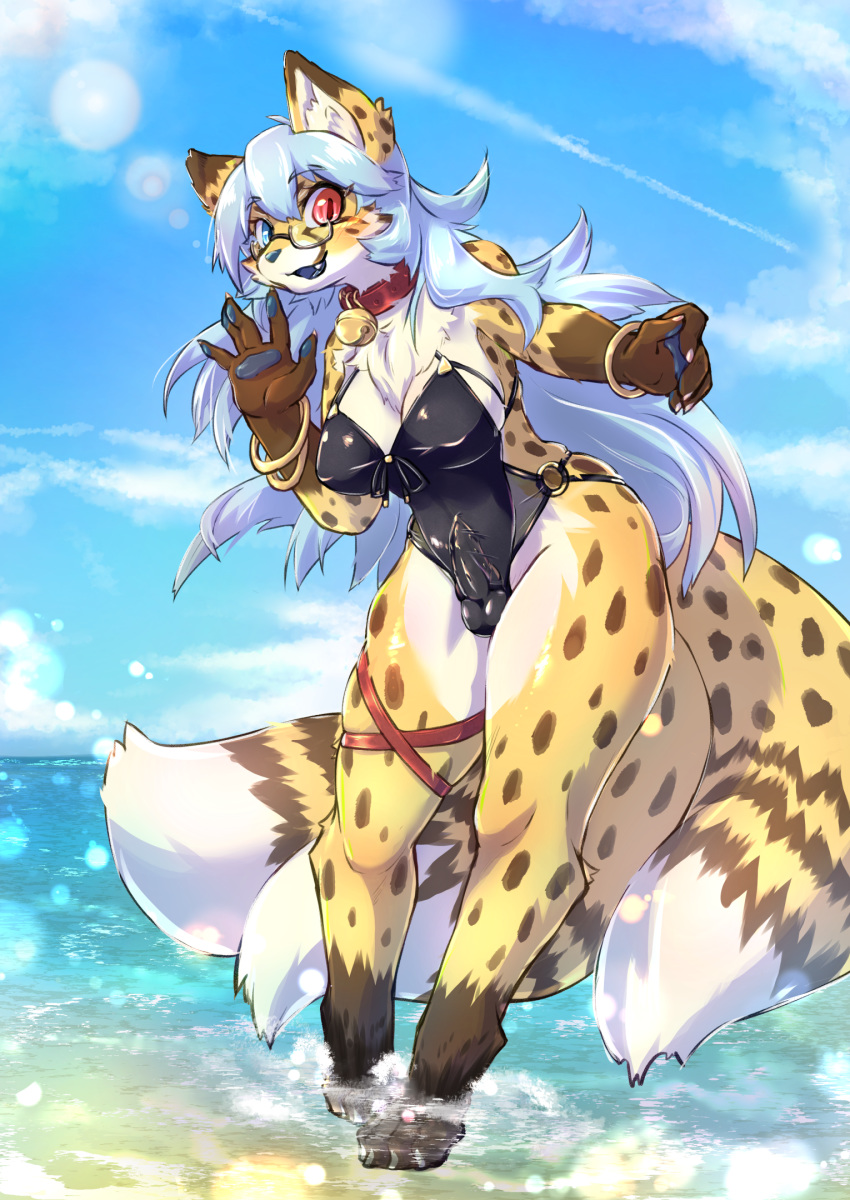 1futa anthro beach bell blue_eyes blue_hair blue_mouth blue_nose blue_pawpads bracelet breasts bulge canid canine cheetah chest_tuft clothing collar digitigrade eyewear felid feline fox furry futa_only futanari genital_outline genitals glasses gynomorph hair heterochromia hi_res hybrid hybrid_genitalia hybrid_penis intersex jewelry knot long_hair mammal multi_tail neko_ed one-piece_swimsuit outside partially_submerged pawpads penile_spines penis penis_outline red_eyes rubber sakamata_orca sea seaside sky solo solo_futa straps swimwear tuft water wave