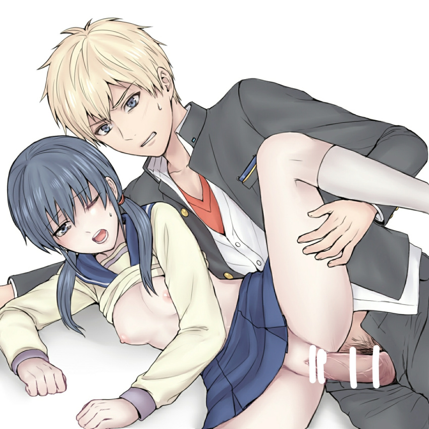 1boy1girl ayumi_shinozaki bar_censor blonde_hair blue_hair breasts censored corpse_party hand_on_thigh kneehighs kneesocks leg_lift no_panties penis pubic_hair pussy school_uniform sex sideways skirt small_breasts suna sweatdrop twintails vaginal_penetration yoshiki_kishinuma