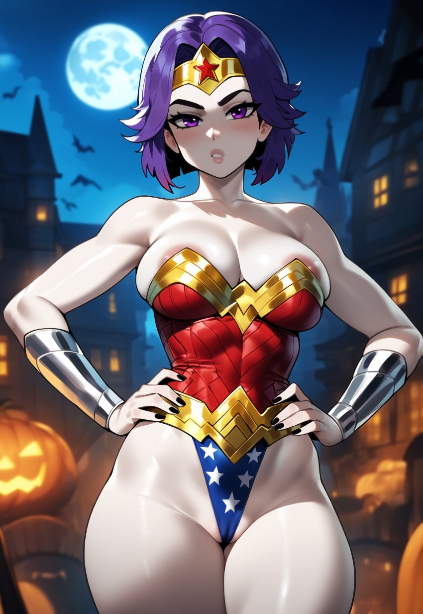 ai_generated areola_slip areolae black_fingernails blurry_background blush blushing cameltoe cleavage cosplay dc dc_comics female grey_skin halloween jagat_ai leotard looking_at_viewer medium_breasts moon moonlight night purple_eyes purple_hair raven_(dc) short_hair solo solo_female standing teen_titans tiara wonder_woman_(cosplay)