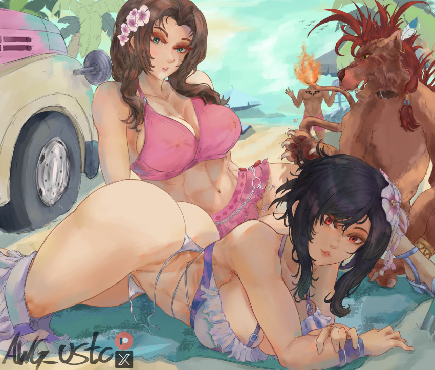 2girls aerith_gainsborough ass awg_usto beach big_breasts cutesexyrobutts_(style) female final_fantasy final_fantasy_vii final_fantasy_vii_remake red_xiii tifa_lockhart