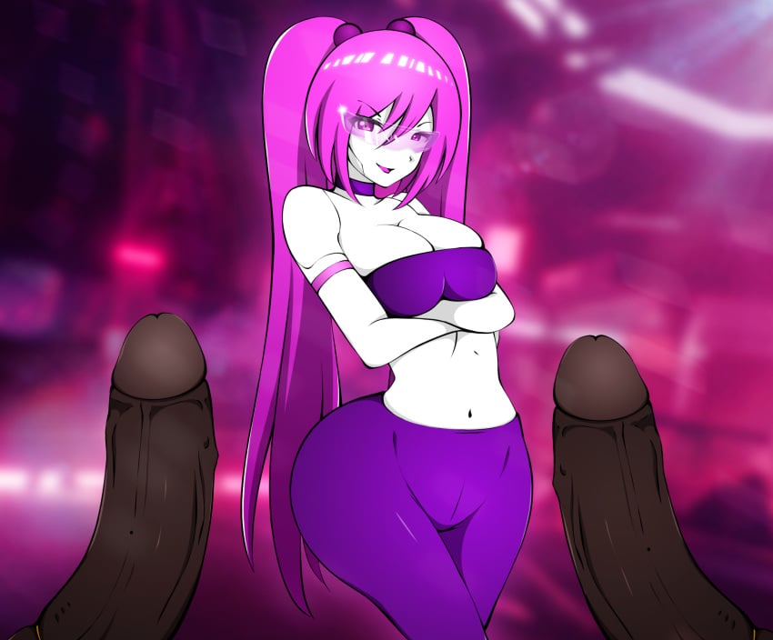 1girls 2boys arms_crossed ass balls big_ass big_breasts breasts choker dark-skinned_male dark_skin glasses highres huge_ass huge_breasts huge_cock large_breasts large_penis layla_hiyashi long_hair multiple_penises pale-skinned_female pale_skin pants penis purple_eyes purple_hair tagme thick_thighs tight_clothes tube_top twintails wide_hips zonen404