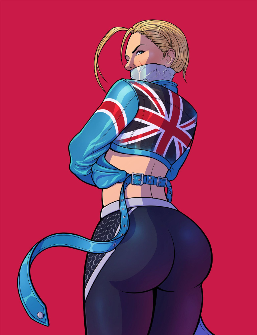 1girls arms_tied big_ass blonde_hair bondage cammy_white female female_only fully_clothed green_eyes perilchaser rear_view solo street_fighter street_fighter_6 tape_gag union_jack