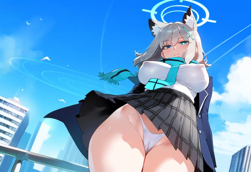 ai_generated blue_archive blue_eyes cameltoe from_below henrik_n huge_breasts leotard looking_at_viewer nipple_bulge novelai shiroko_(blue_archive) skirt_lift thiccwithaq_(ai_style) thick_ass white_hair wind_lift