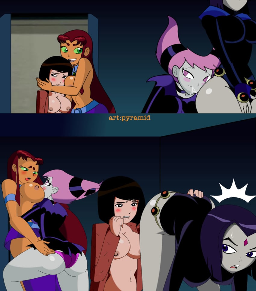 4girls aged_up annie_(batman) annie_clayface artist_name batman:_the_animated_series batman_(series) bending_over bent_over between_breasts blush bob_cut breasts breasts_out dc dc_comics dcau face_in_breasts forehead_jewel imminent_cunnilingus imminent_sex jinx_(dc) koriand'r leotard lesbian nervous nipples panties pyramid_(artist) rachel_roth raven_(dc) shapeshifter shy smooth_skin starfire straight_hair teen_titans the_new_batman_adventures unbuttoned yuri