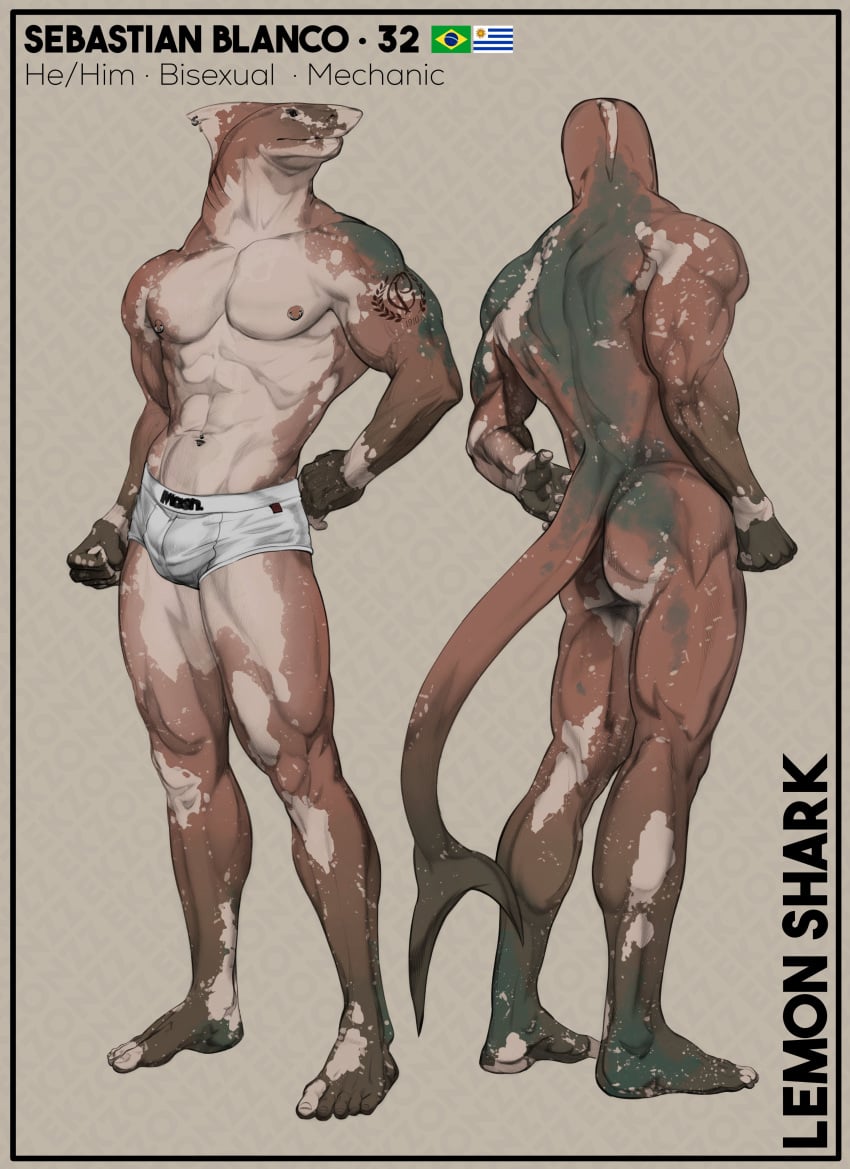 absurd_res anthro biped bulge clothing ekzonzz fin fish hi_res male marine model_sheet muscular muscular_anthro muscular_male nipple_piercing nipple_ring nipples piercing ring_piercing shark standing tail tattoo underwear