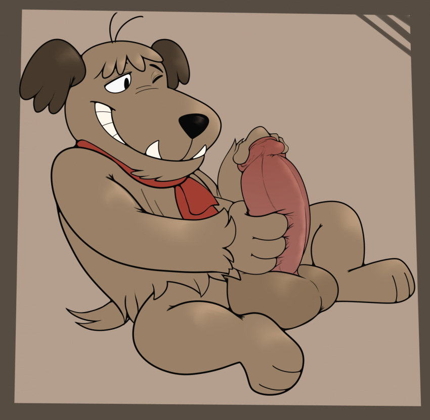 anthro balls boner brown_ears canid canine canis domestic_dog erection fur genital_focus genitals hand_on_penis hanna-barbera hi_res looking_at_genitalia looking_at_penis male male_only mammal muttley nude one_eye_closed penis rokie38 scarf simple_background sitting solo tan_body tan_fur teeth