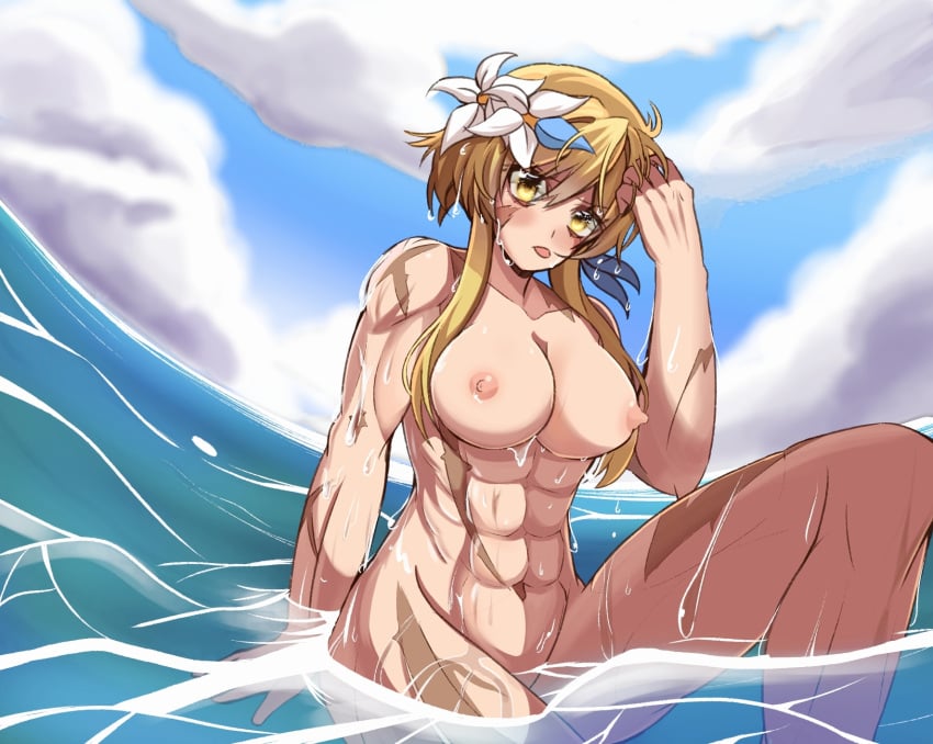 1girls abs annoyed beach big_muscles blonde_hair breasts cloud cloudy_sky female female_only flower flower_on_head genshin_impact large_breasts lumine_(genshin_impact) muscular muscular_arms muscular_female muscular_legs muscular_male nipples scar scar_on_face sky tongue tongue_out water wet yellow_eyes yukiart_83