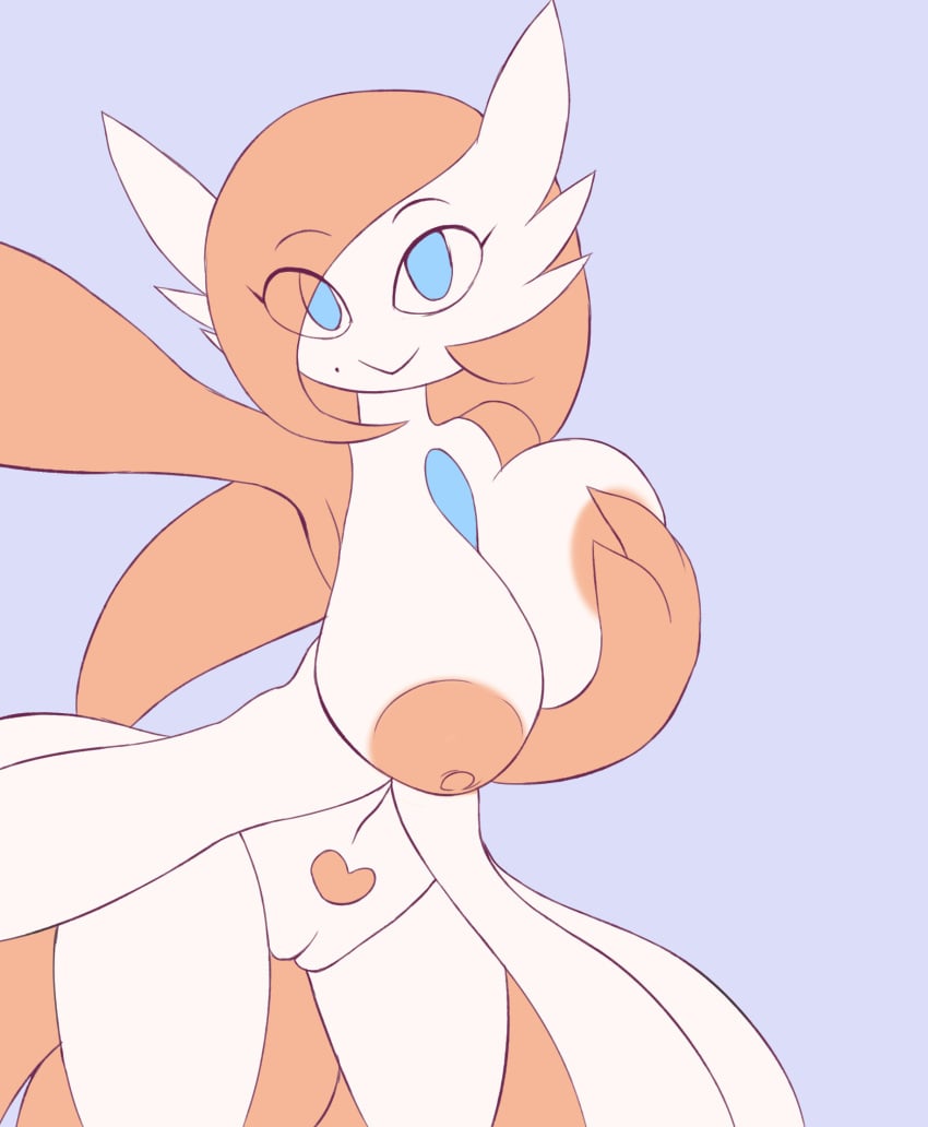 2019 :> areola blue_background blue_eyes breasts cream_(snakemayo) digital_media_(artwork) elfdrago eyelashes female gardevoir generation_3_pokemon genitals hair heart_symbol hi_res holding_breast humanoid looking_at_viewer markings metachoke mole_(marking) nintendo nipples no_humans orange_areola orange_hair orange_nipples pokemon pokemon_(species) pussy simple_background smile solo thigh_gap white_body