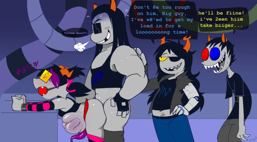 1femboy 1girls 3boys black_hair cchilab clothed dialogue english_text equius_zahhak eridan_ampora femboy gay gay_domination grey_skin homestuck horns male/male male_on_femboy march!eridan ms_paint_adventures non-con non-consensual non_con non_consensual sollux_captor stomach_bulge stomach_deformation tentabulge tentacle troll vriska_serket yaoi