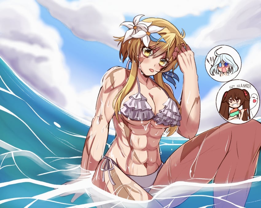 ! 3girls abs annoyed beach big_muscles bikini blonde_hair breasts brown_hair chibi cloud cloudy_sky female female_only flower flower_on_head frills furina_(genshin_impact) genshin_impact ghost grin heterochromia hu_tao_(genshin_impact) large_breasts lumine_(genshin_impact) multiple_girls muscular muscular_arms muscular_female muscular_legs muscular_male scar scar_on_face sky smile solo_focus super_soaker swimsuit tongue tongue_out twintails water wet white_hair yellow_eyes yukiart_83