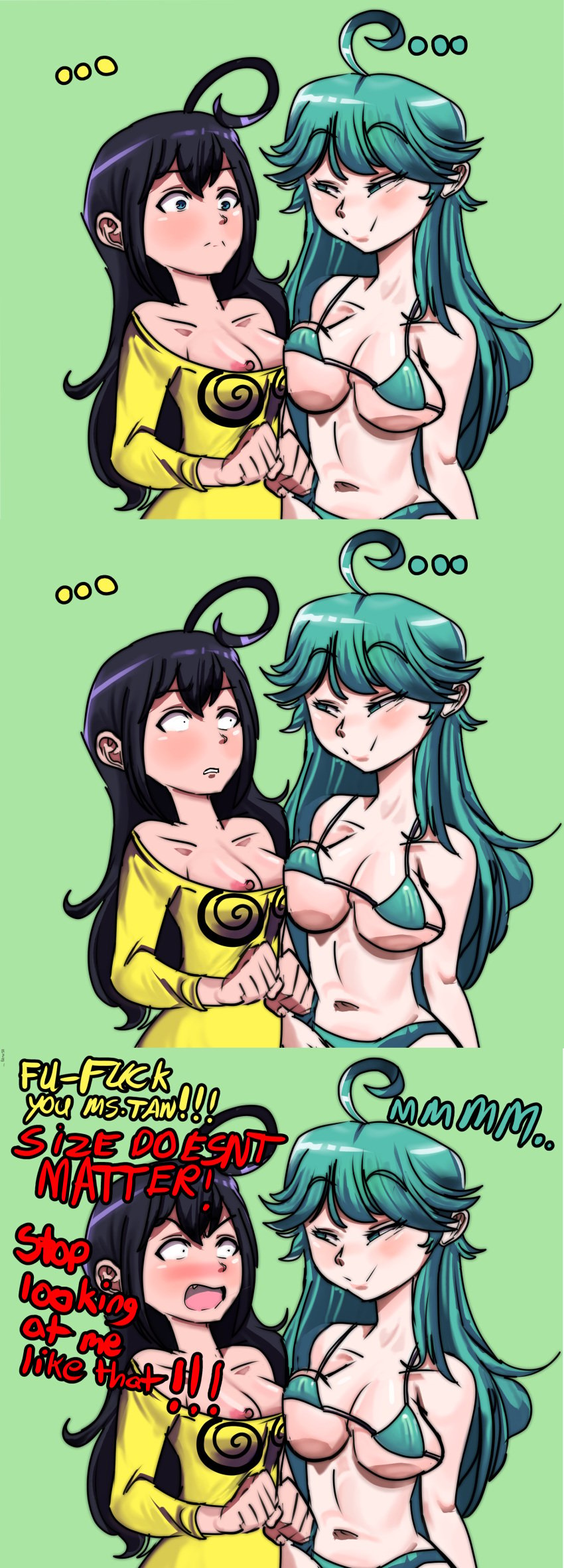 2d 2d_(artwork) 2girls areolae bikini black_hair blue_eyes breast_size_difference breasts comic dialogue female female_only green_eyes green_skin hypno-tan hypnohub long_hair long_sleeves mr.sir_69 multiple_girls navel nipples_visible_through_clothing personification rule_34-tan rule_34_(booru) rule_34_comment self_upload shirt_only site-tan size_comparison