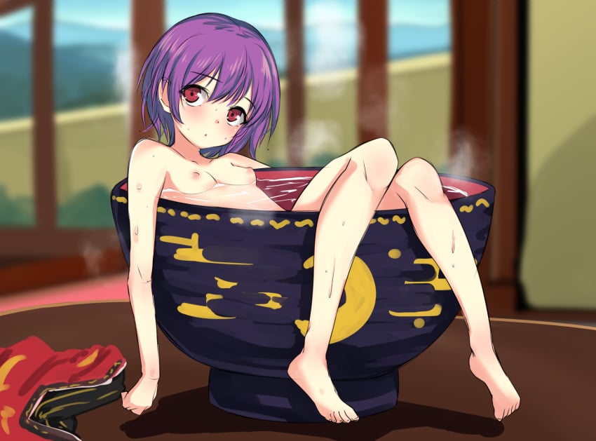 bad_id bad_pixiv_id barefoot blue_sky blurry blurry_background blush bowl breasts day feet female full_body hair_between_eyes head_tilt in_bowl in_container japanese_clothes kimono knees_up looking_at_viewer mini_person minigirl momendoufu nipples no_headwear nude partially_submerged purple_hair red_eyes red_kimono shadow short_hair sitting sky small_breasts solo steam sukuna_shinmyoumaru toes touhou unworn_clothes water wet