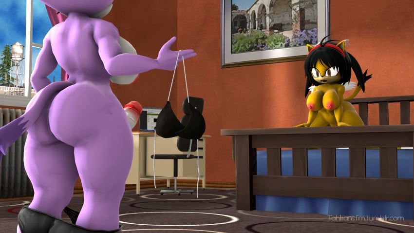 3d 3d_(artwork) 3d_model anthro_on_anthro archie_comics aroused ass_focus bed bedroom bedroom_eyes black_bra black_panties blaze_the_cat domestic_cat erection feline female furry futa_on_female futanari gesture honey_the_cat imminent_sex interested red_nipples sega sonic_(series) source_filmmaker surprised tahlian thick_ass thick_thighs