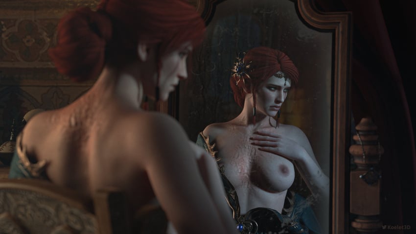 1female 1girls 1woman 3d breasts burn_scar female female_focus female_only girl girl_only half-dressed koelet3d light-skinned_female mirror mirror_reflection nipples red_hair red_hair_female scar solo solo_female solo_focus the_witcher_(series) the_witcher_3:_wild_hunt topless topless_female triss_merigold woman