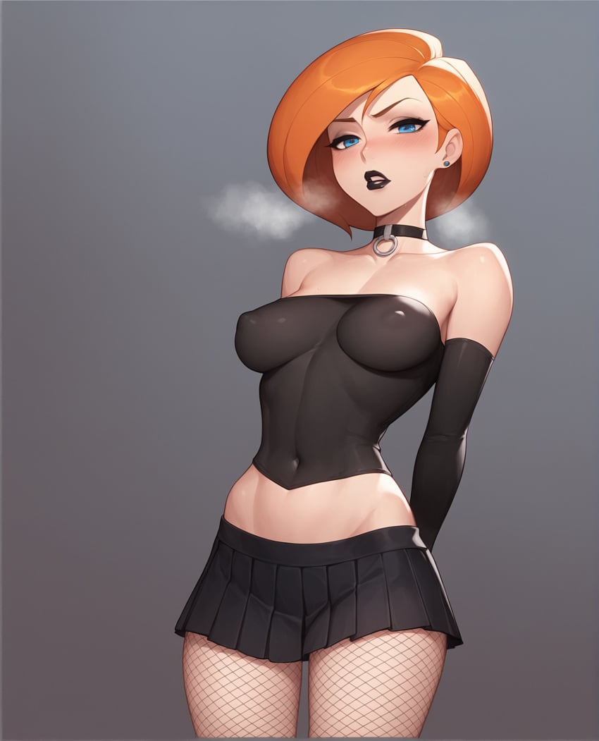 1girls ai_generated ann_possible bare_shoulders black_lipstick blue_eyes blush breasts choker collarbone covered_navel disney earrings elbow_gloves female fishnets goth gradient_background heavy_breathing hips kim_possible lipstick looking_at_viewer makeup mascara mature_female milf miniskirt notreallyhere orange_hair parted_lips perky_breasts pleated_skirt short_hair solo